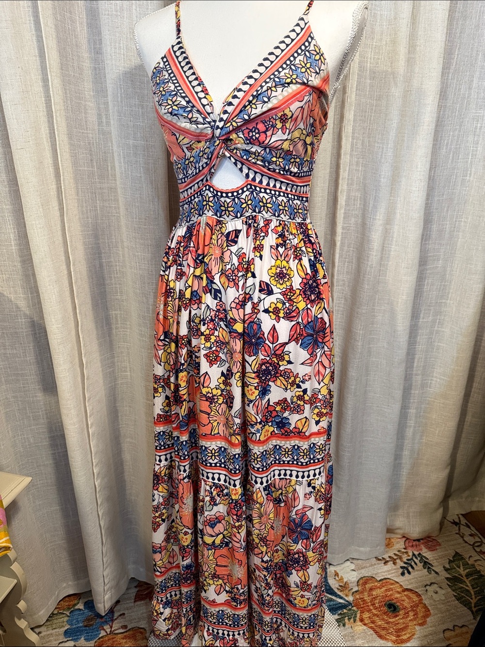 Angie Floral Boho Maxi Dress Twist Front Keyhole Smocked Back Size Small